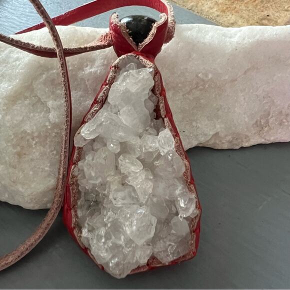 Artist Made Leather & Rock Crystal Pendant Necklace - Picture 2 of 8